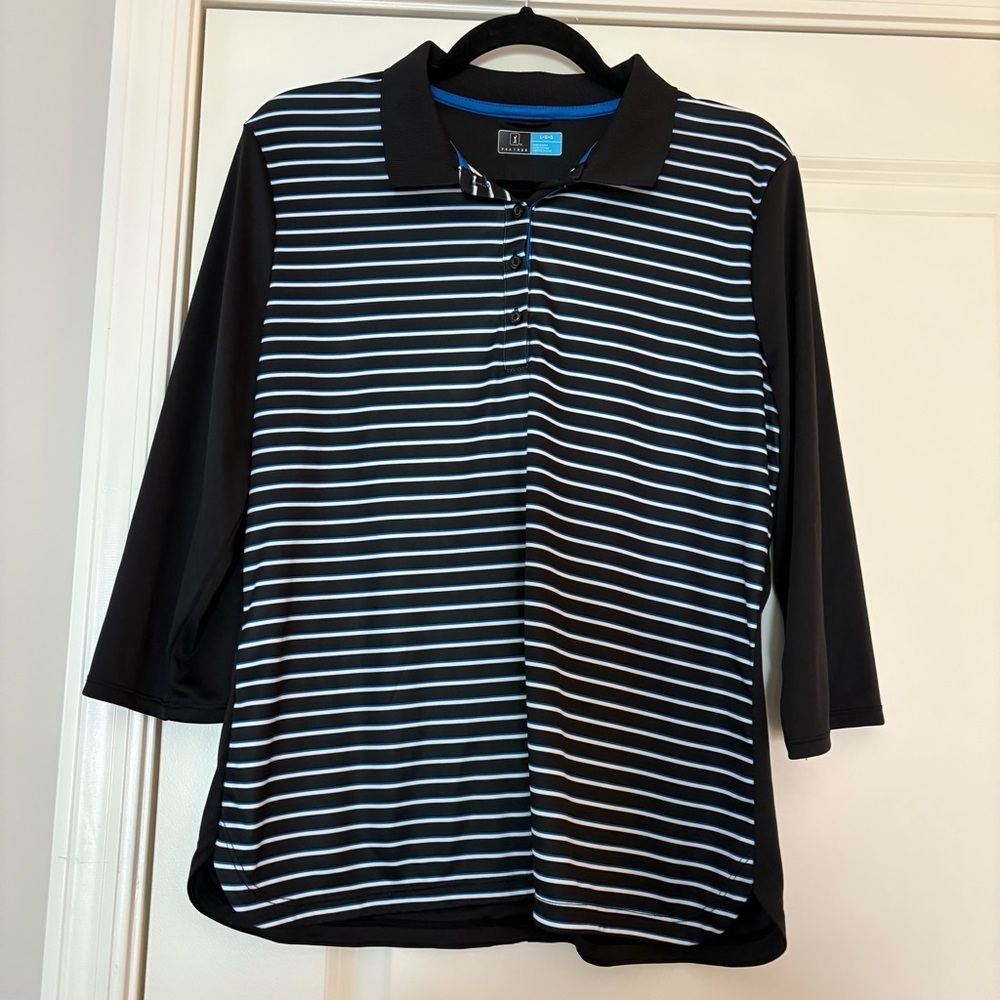 PGA Tour Women’s Black with Blue and White Stripes Long Sleeve Polo Shirt